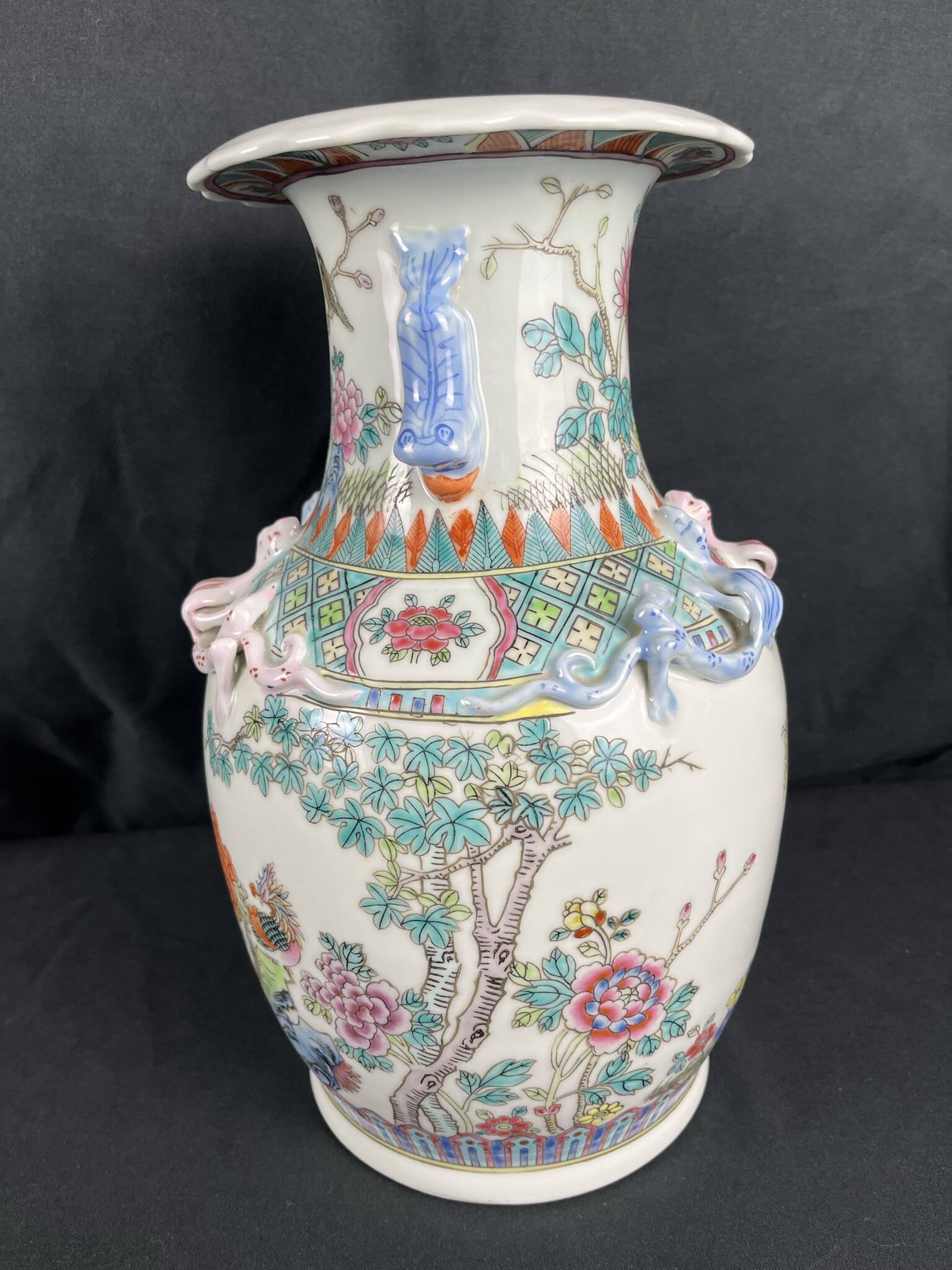 China, polychrome porcelain vase with relief decoration, 20th century