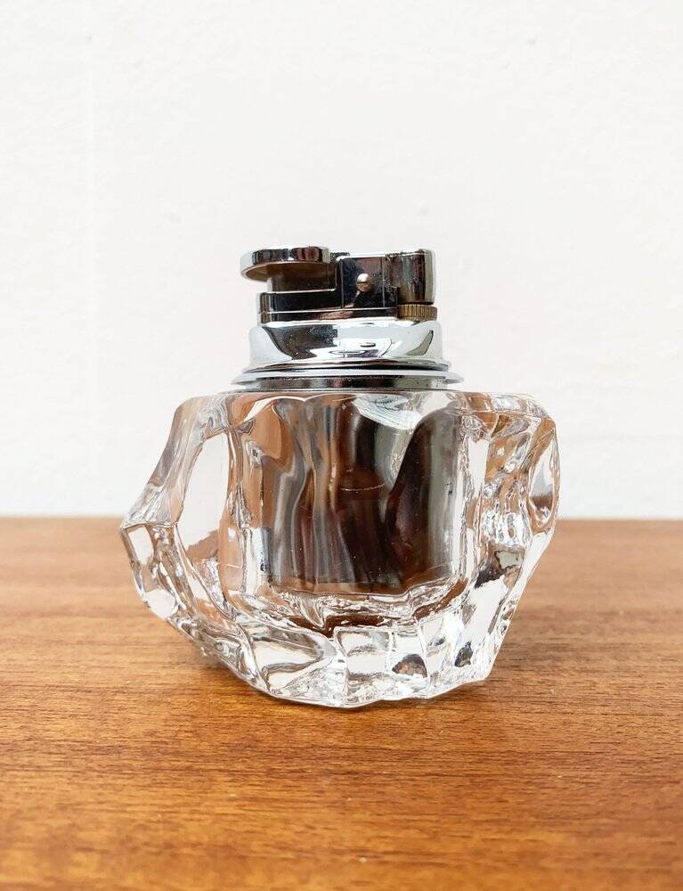 Mid-century Scandinavian heavy frosted glass table and ashtray, 1960s, set of 2.