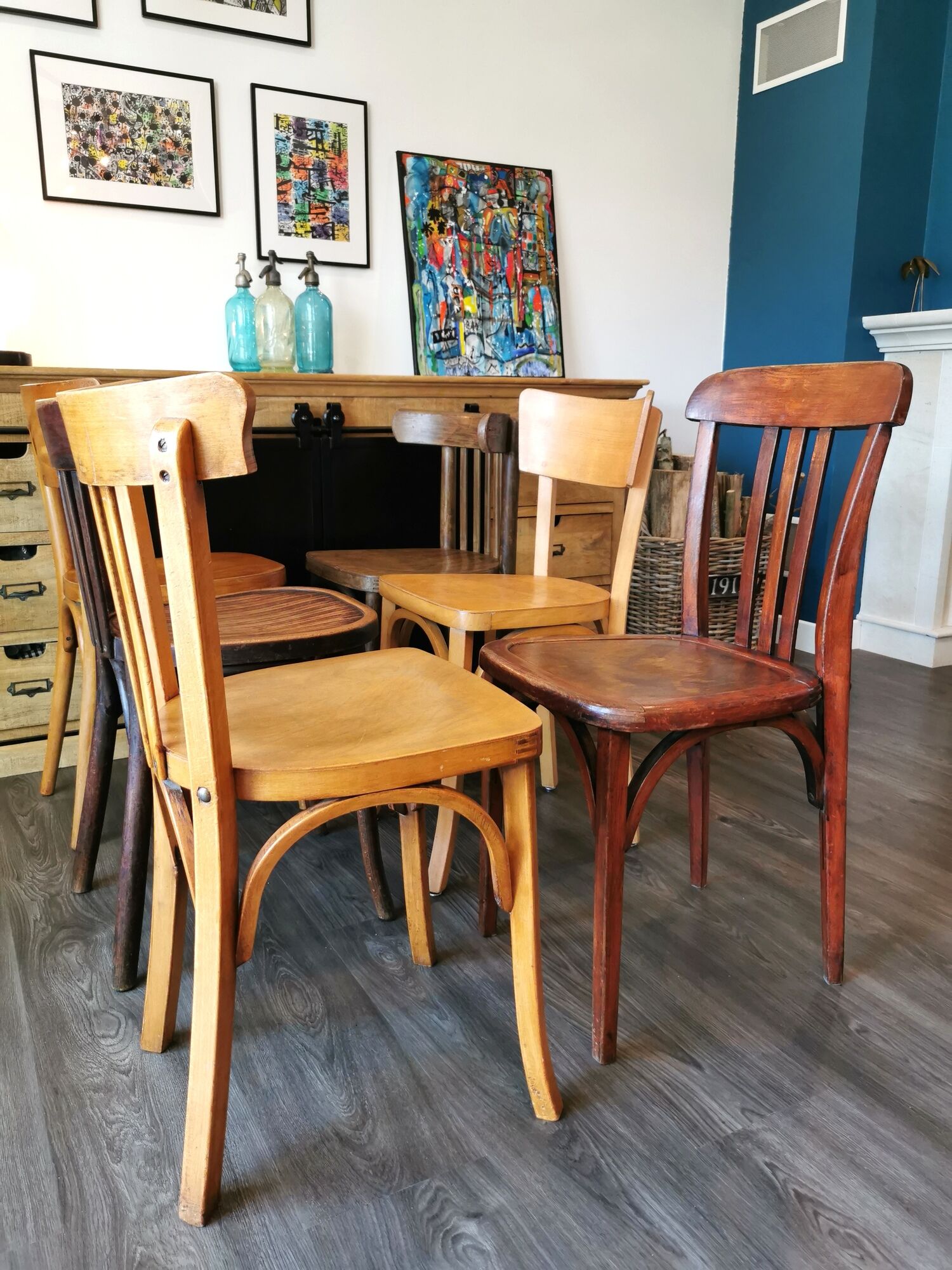 Baumann Stella and Luterma series of 6 mismatched bistro chairs