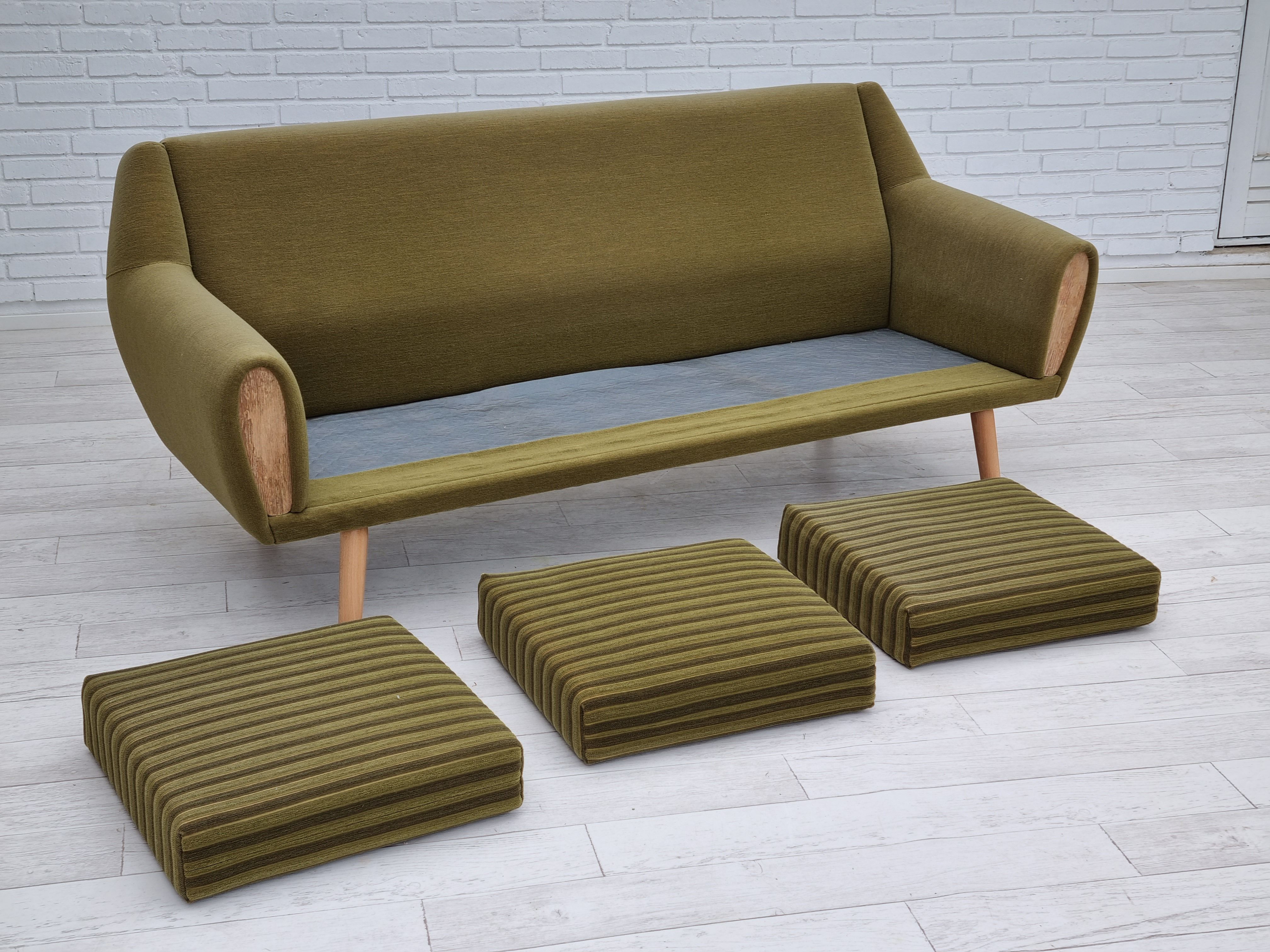 1970s, Danish 3-seater sofa, original very good condition, green furniture fabric, oak