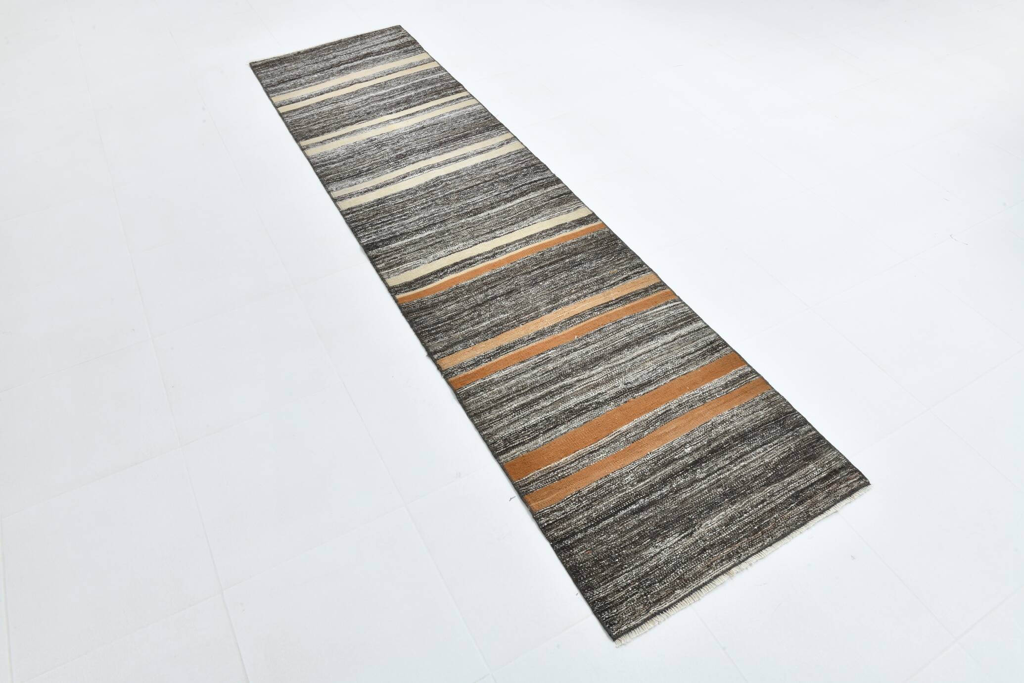 Tapis de couloir Kilim rayé marron crème 2x9, tapis de cuisine, 69x272 cm