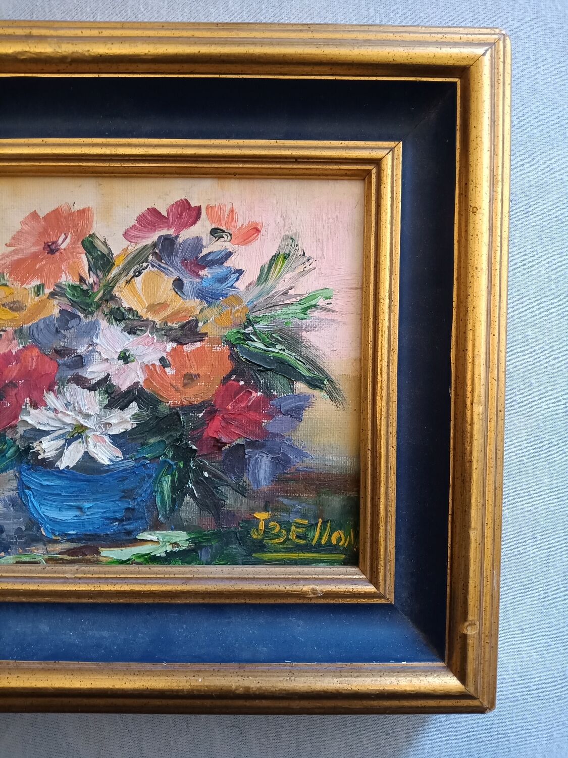 Still life painting blue basin signed