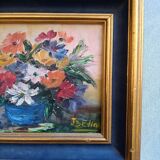 Tableau nature morte vasque bleu signé