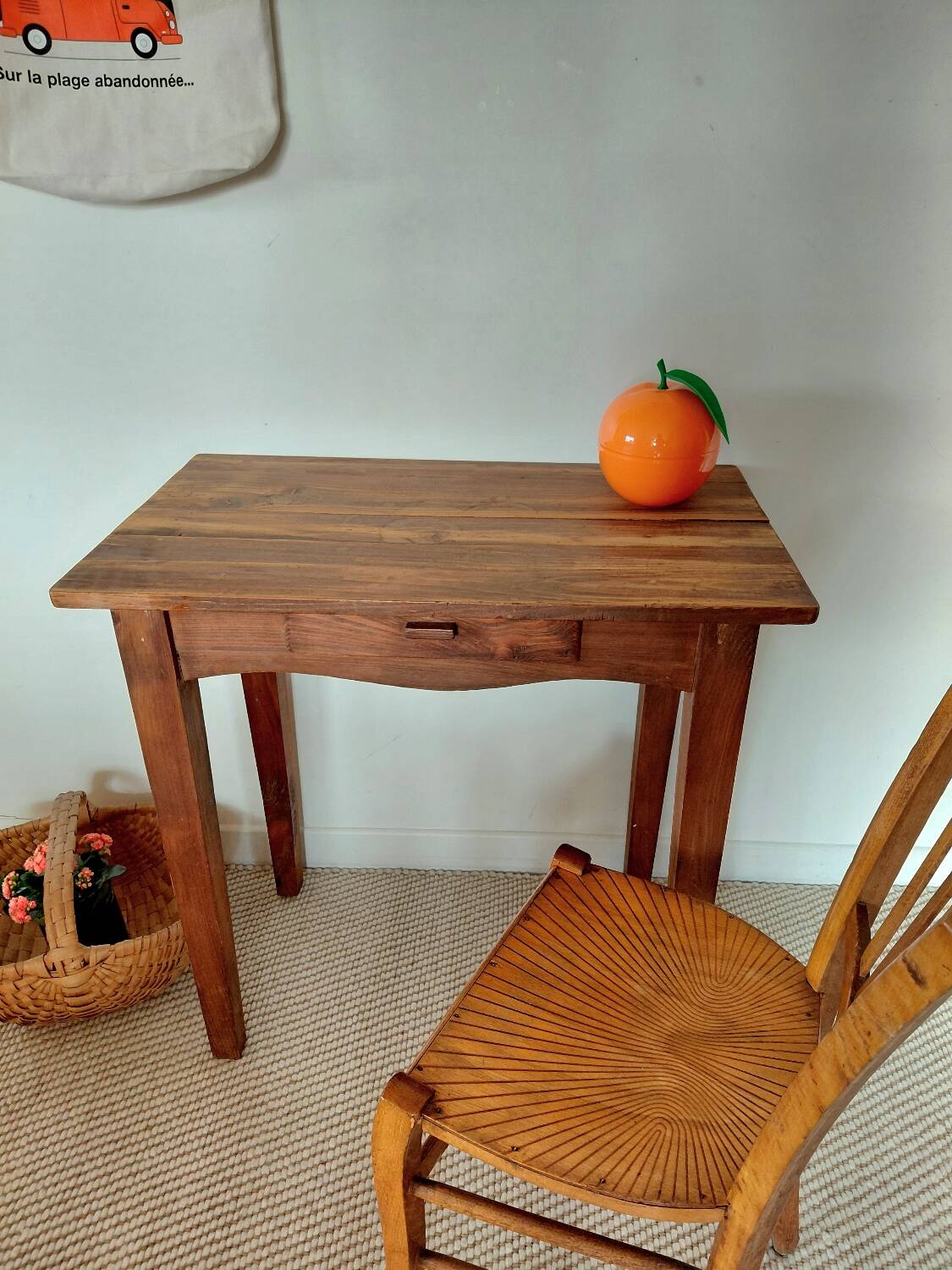 Small antique solid wood table in chic country style with a drawer.