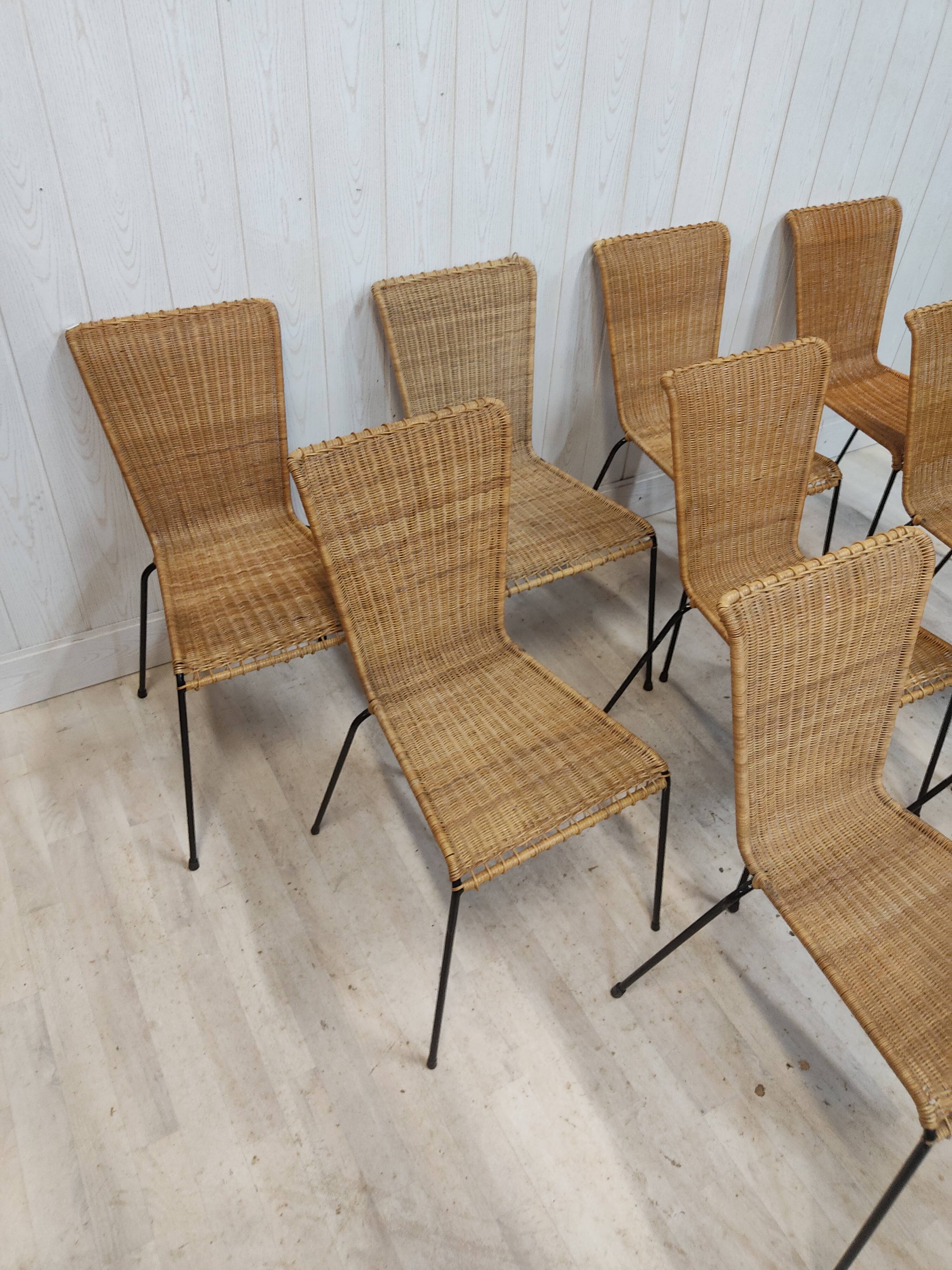 Lot de 10 chaises vintage osier et métal