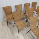 Set of 10 vintage wicker and metal chairs