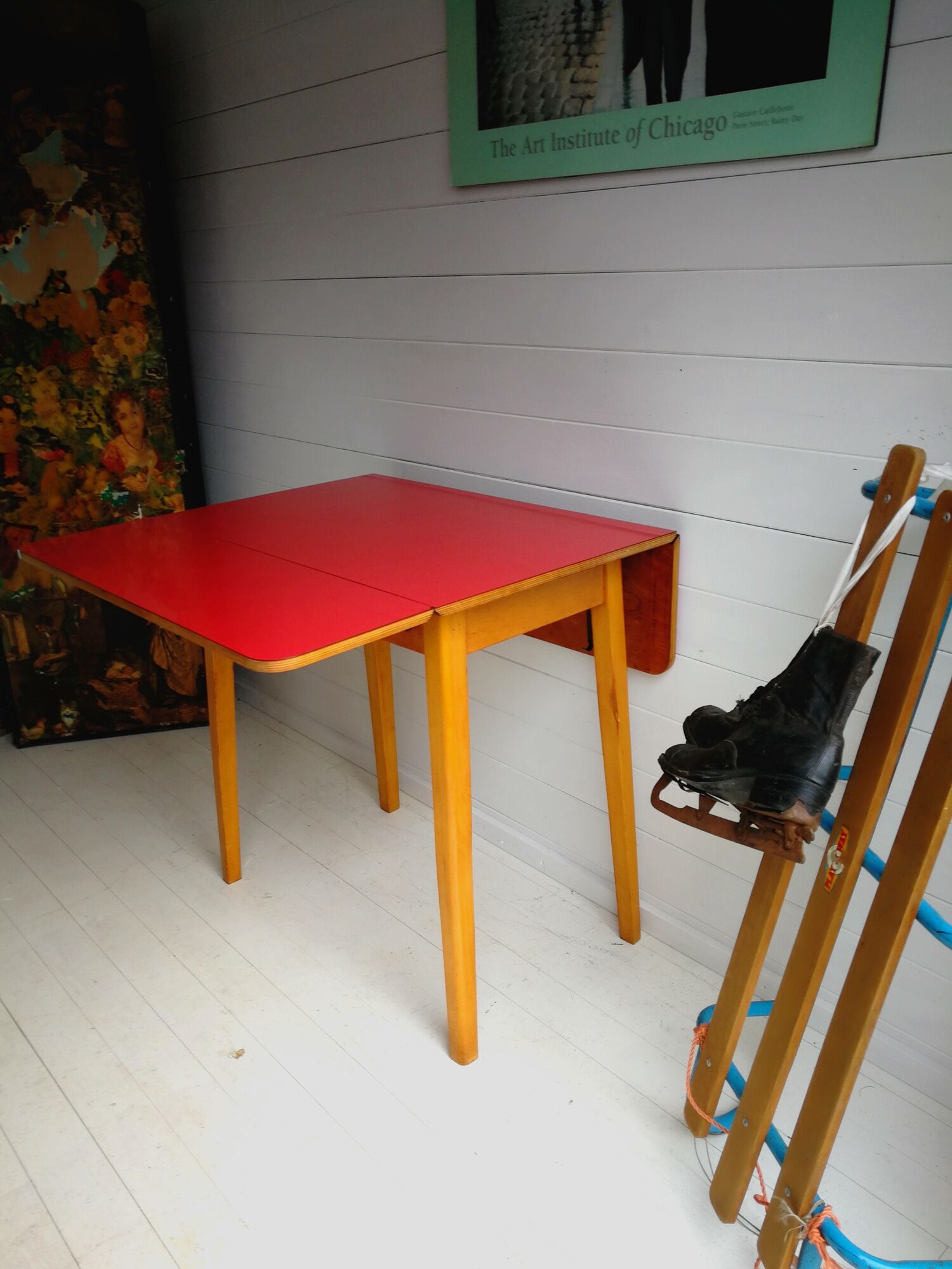 Original 1960’S Red Formica Drop Leaf Dining Table With Wooden Legs, Vintage, Retro, Mid Century, Ki