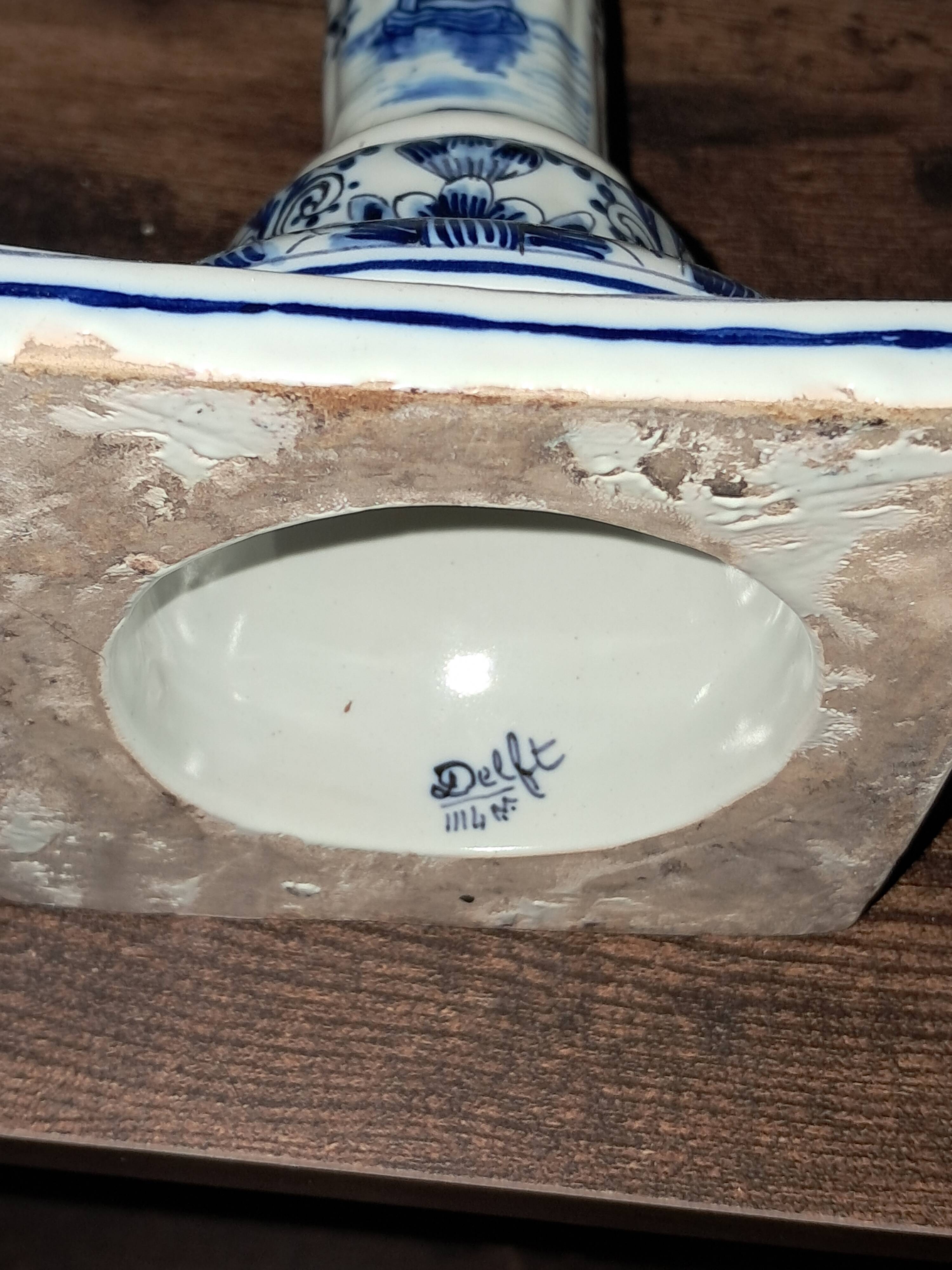 Antique Pair of Column Candlesticks in Blue and White Delftware