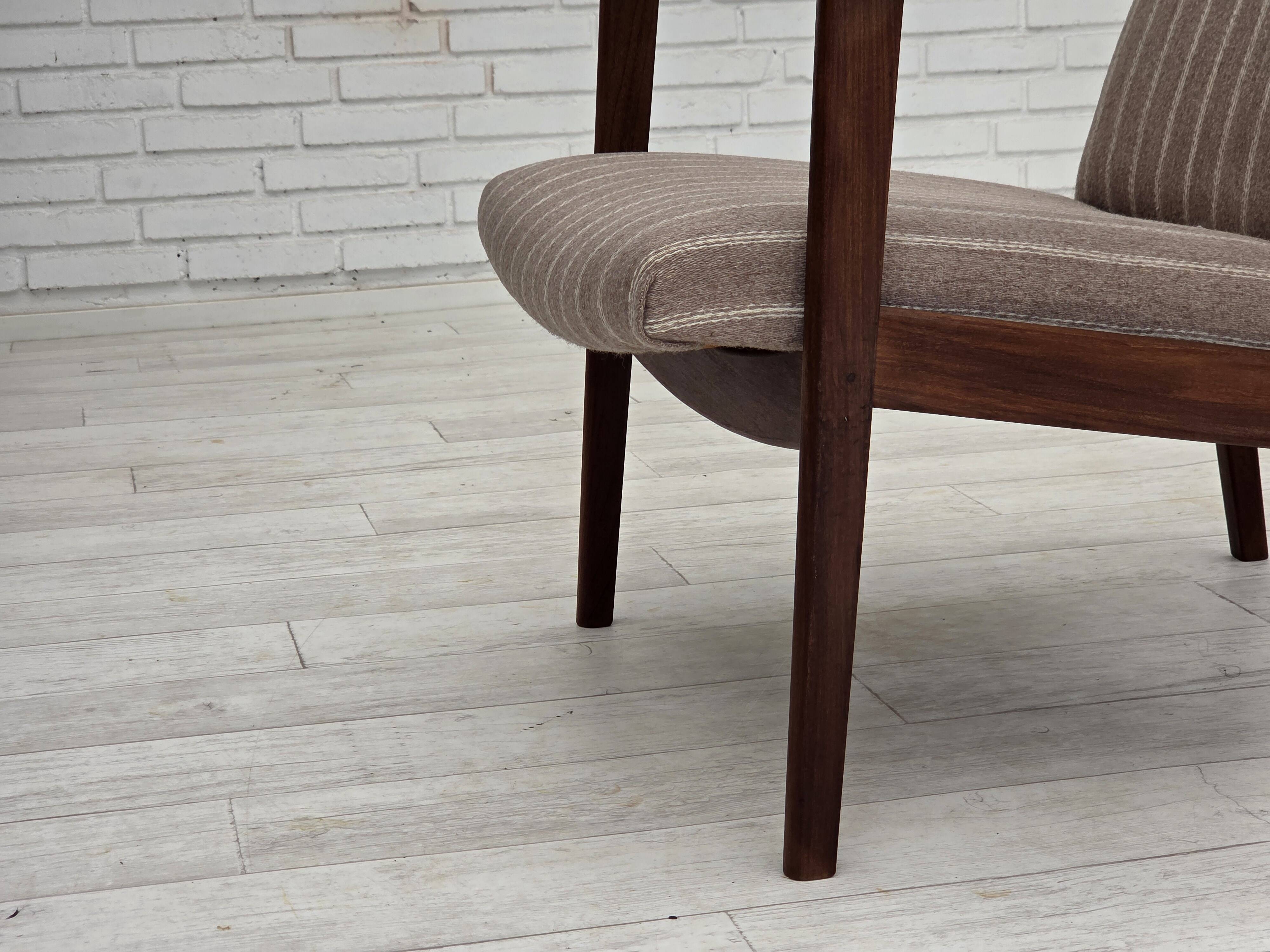 1970s, Danish highback armchair, furniture wool, teak wood, original.