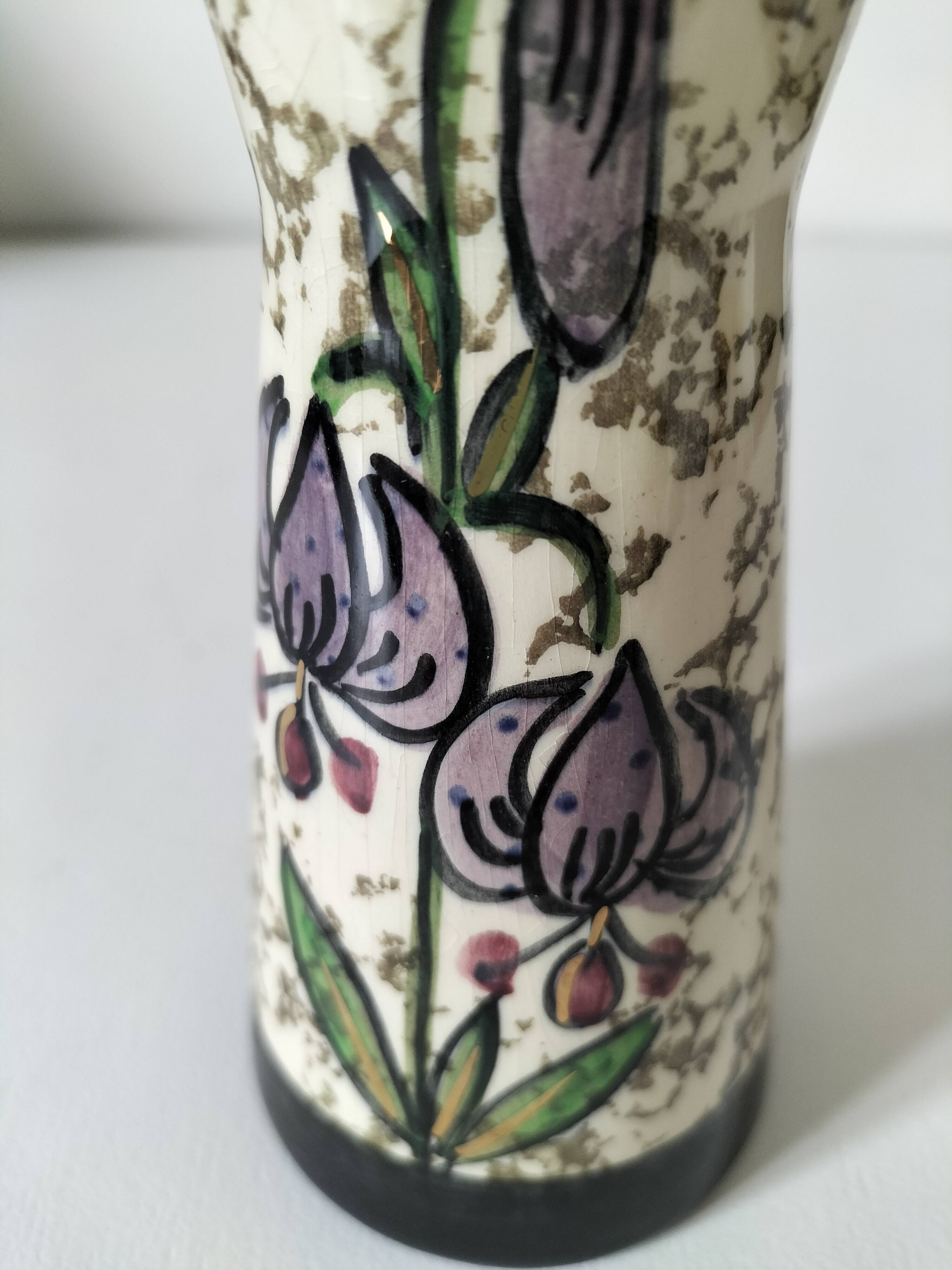 Vintage cream ceramic vase with purple floral decoration and gold highlights