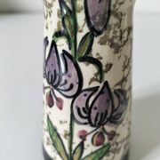 Vintage cream ceramic vase with purple floral decoration and gold highlights