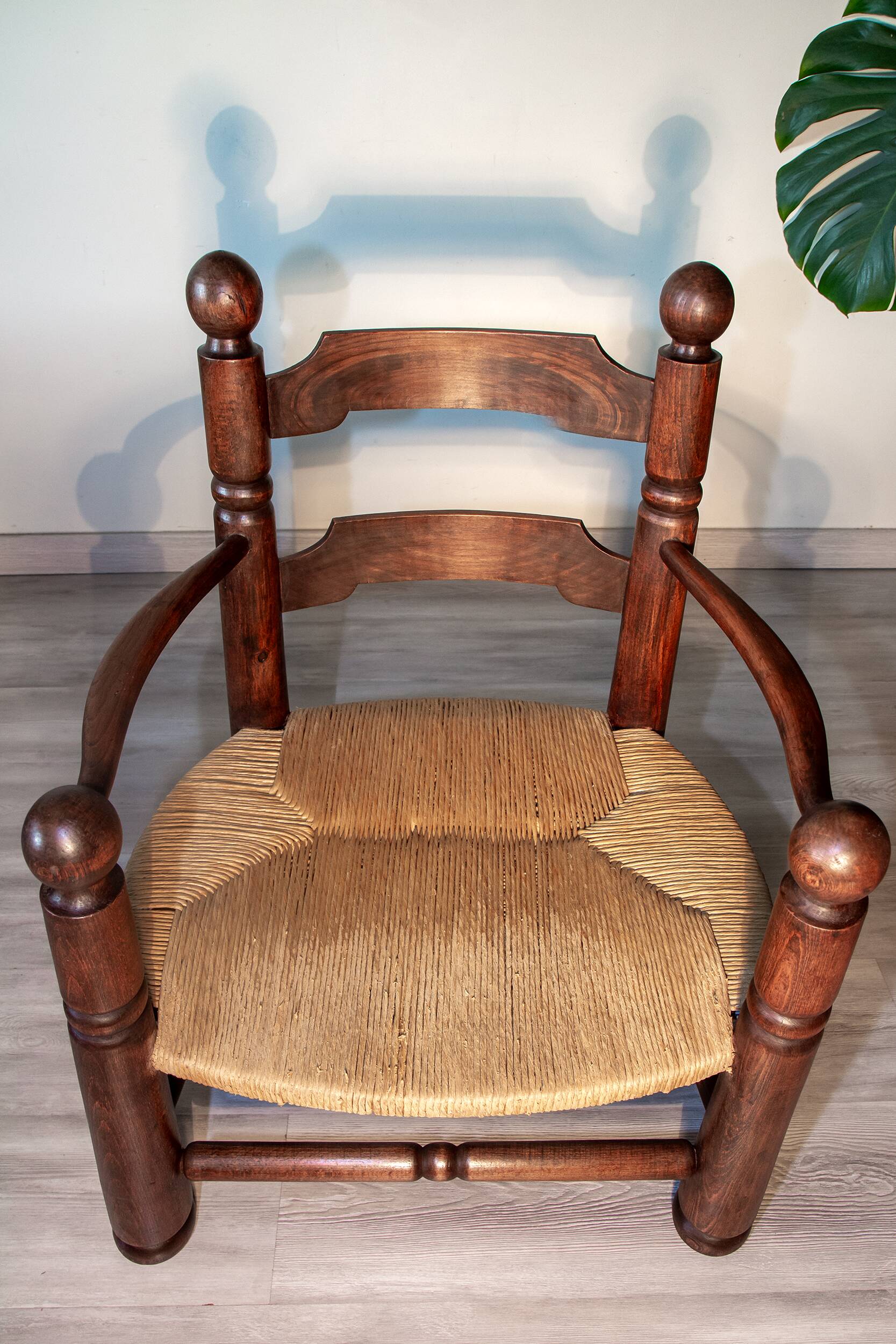 Oak and rush armchair, brutalist style, Charles Dudouyt, 1940s