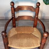 Oak and rush armchair, brutalist style, Charles Dudouyt, 1940s