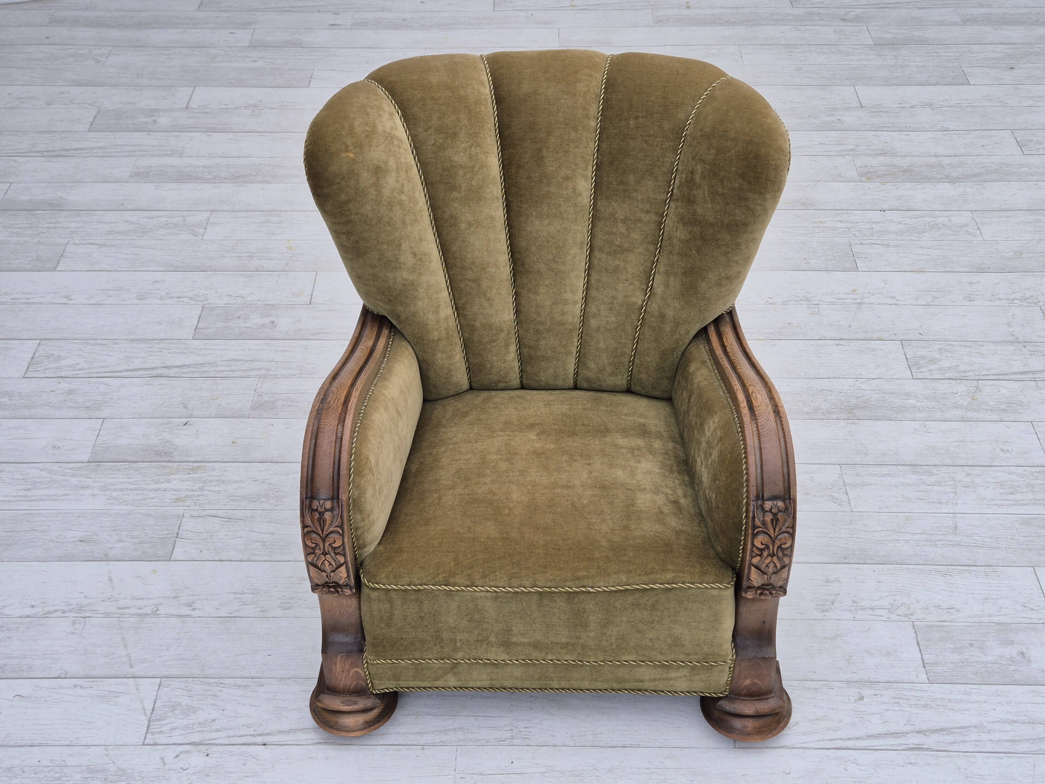 1960s, Danish relax armchair, green furniture velour fabric, oak wood.