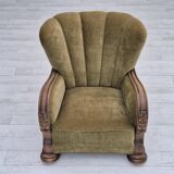 1960s, Danish relax armchair, green furniture velour fabric, oak wood.