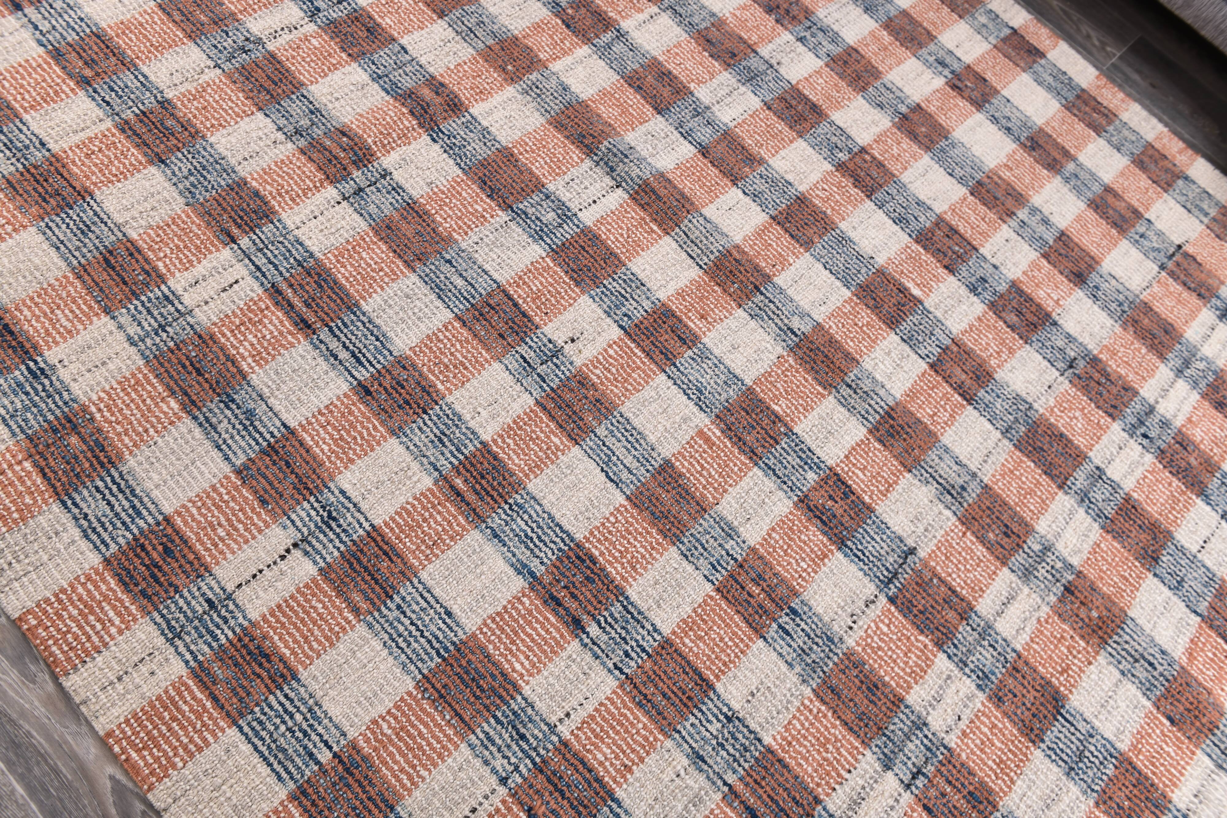190x290 cm organic wool made kilim , orange blue wool kilim, kilim stripe