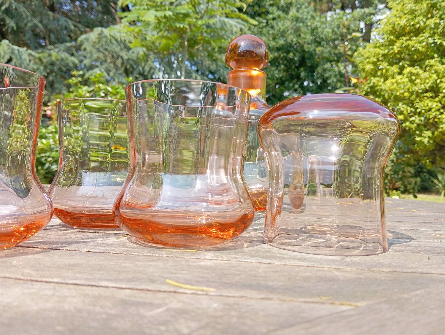 Retro whiskey set with pink glass, decanter and 5 glasses