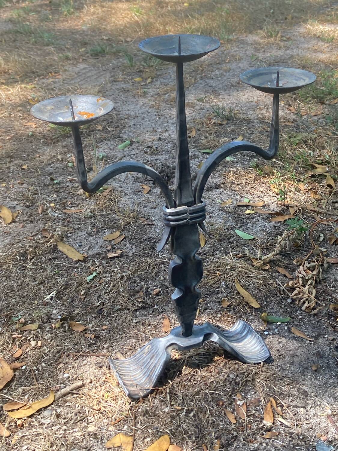 Large brutalist candlestick in handcrafted wrought iron