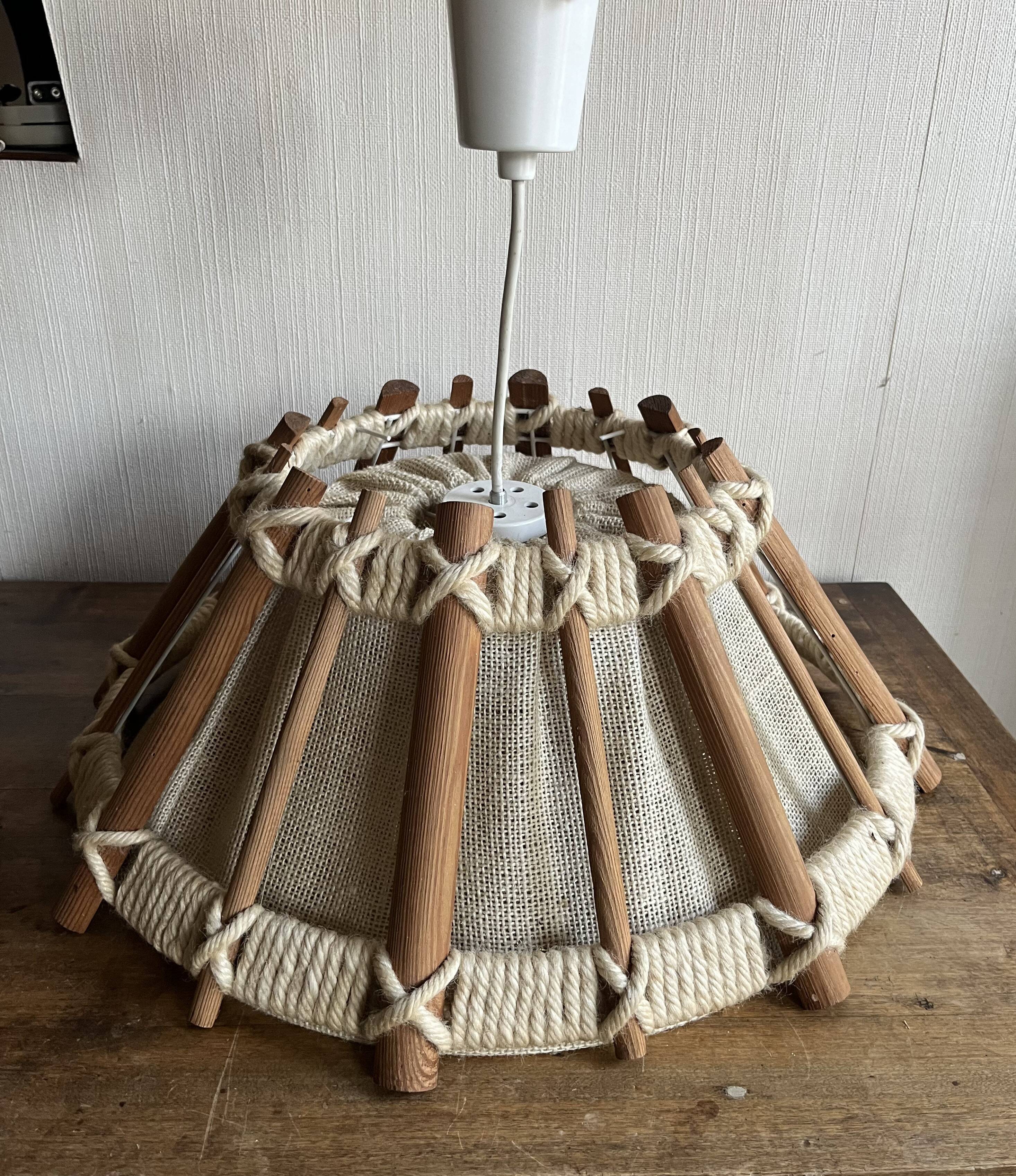 Large Scandinavian pendant light, natural wood, jute, wool, 70s