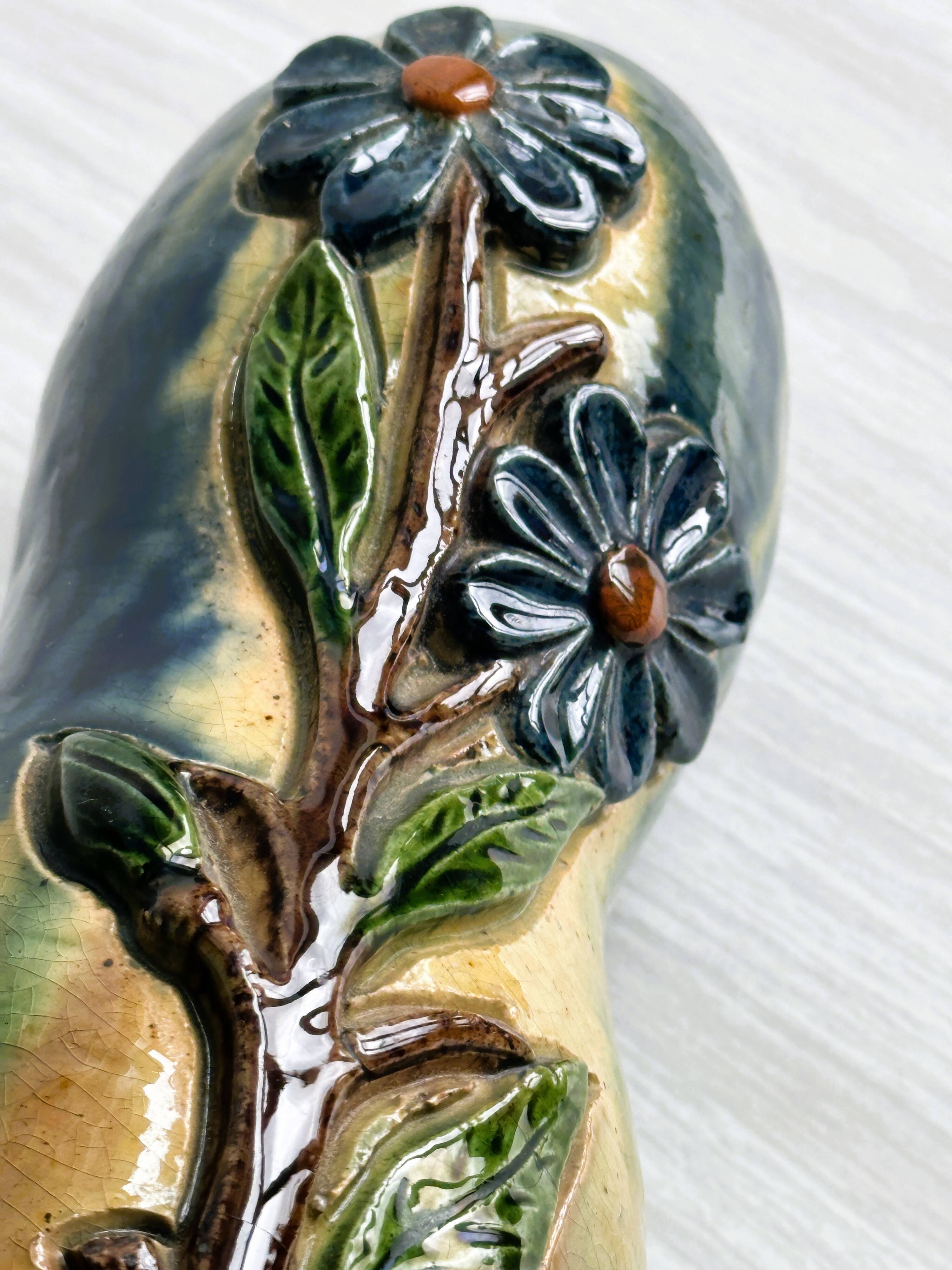 Vintage glazed ceramic vase – Floral motifs in relief