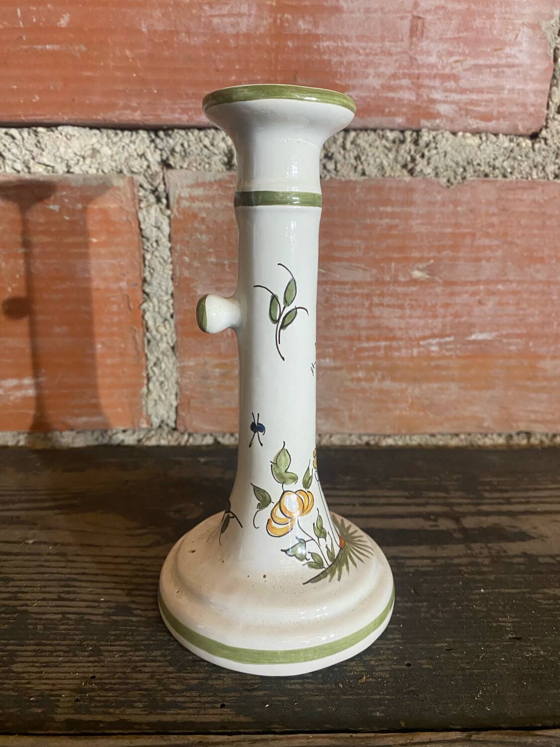 Antique Moustiers Candlestick, White Ceramic, Vintage Painted Decor #C875