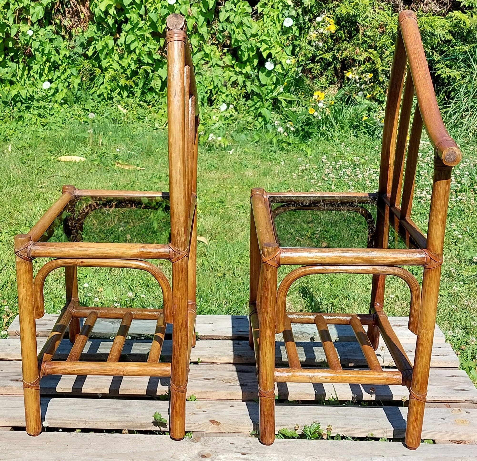 Pair of rattan and bamboo bedside tables