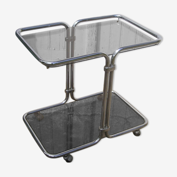 Rolling service trolley in chromed metal with 2 trays in vintage smoked glass
