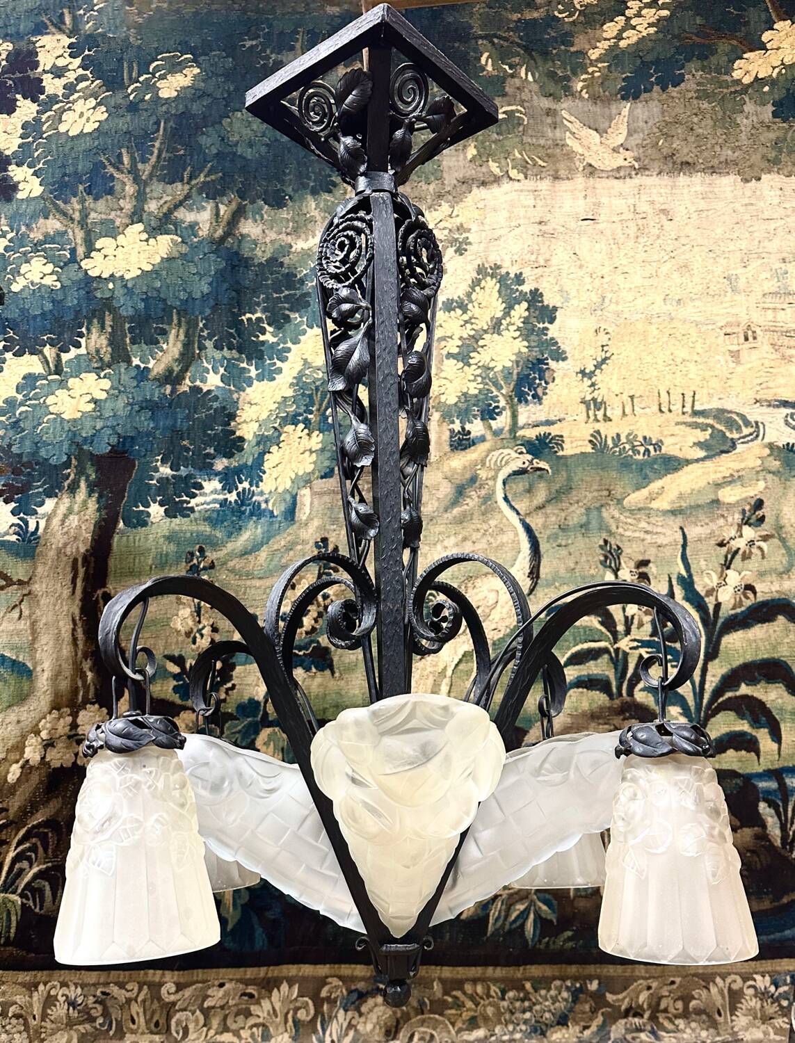 Degué - art deco period molded glass and wrought iron chandelier