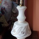 Vintage lamp of the 50s in white and golden opaline glass lampshade in red satin 75cm