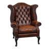 Fauteuil Chesterfield à oreilles en cuir de vache anglais couleur cognac intemporel en bon état