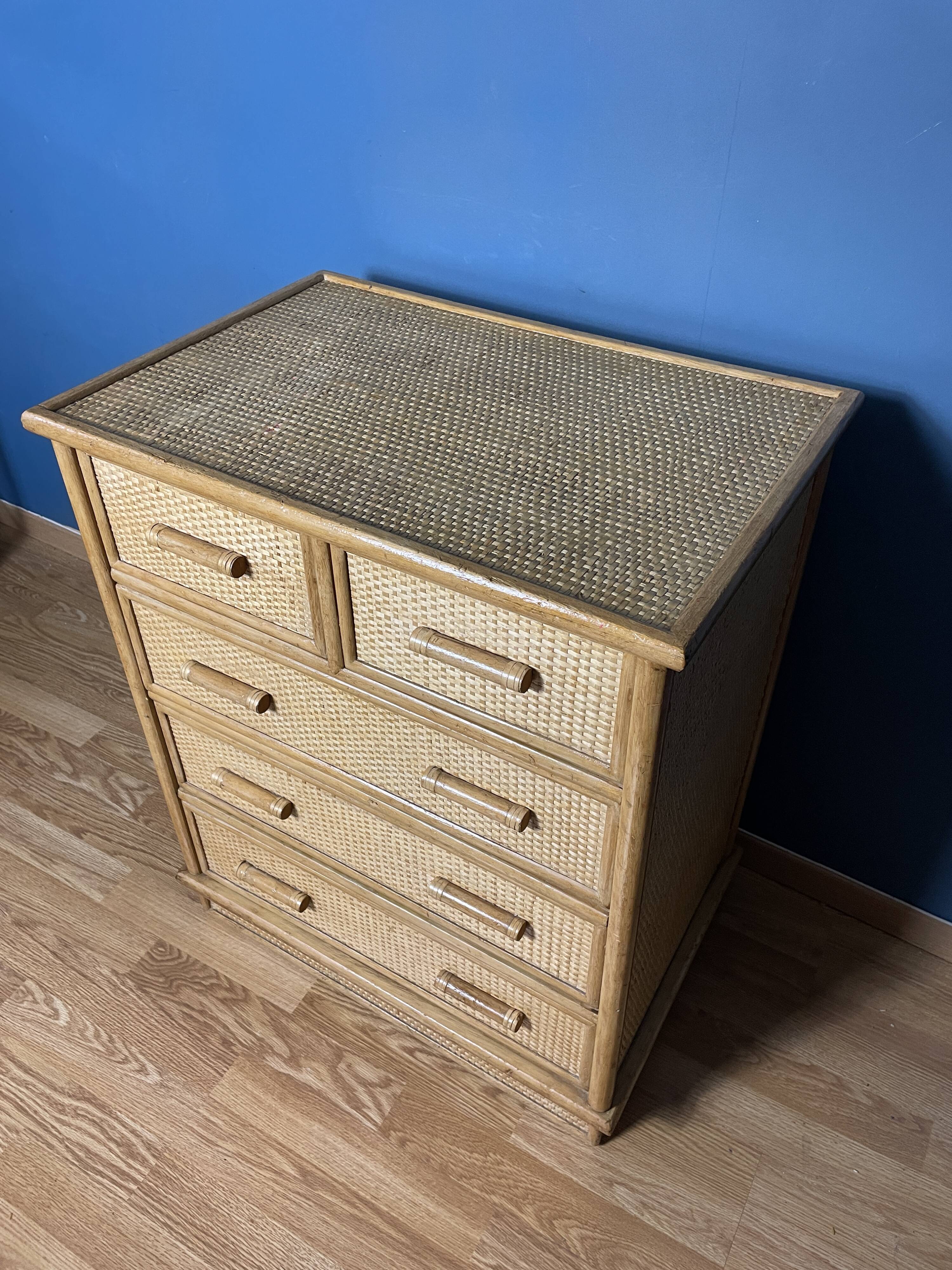 Vintage natural rattan chest of drawers