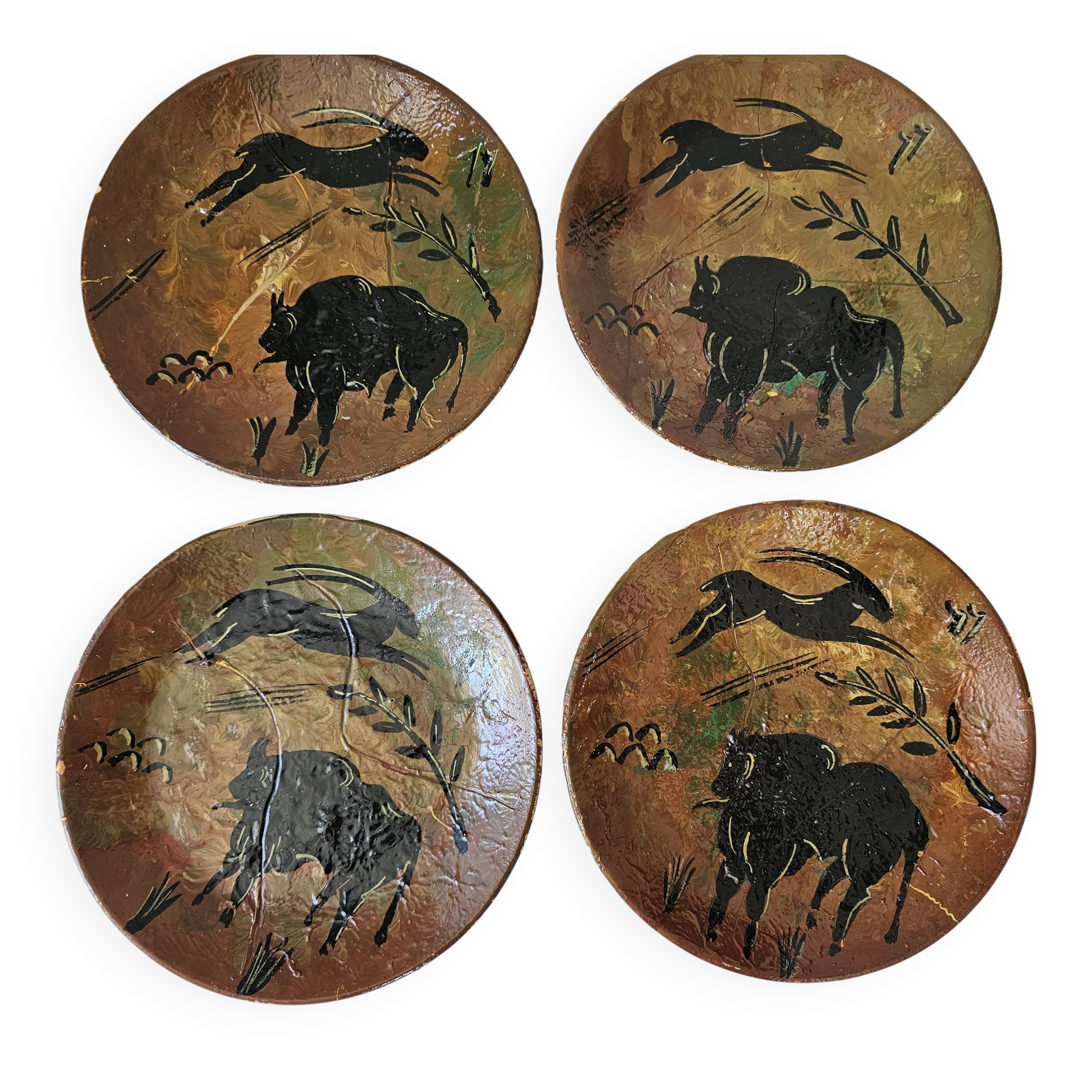 Set of 4 prehistoric rock plates Vallauris Vintage Diameter 20.