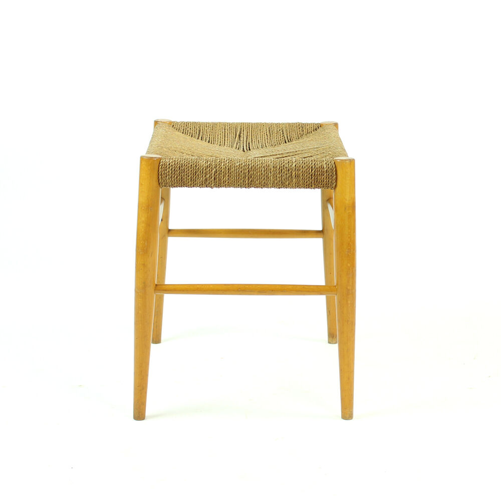 Midcentury stool in oak wood and rope, Czechoslovakia 1960