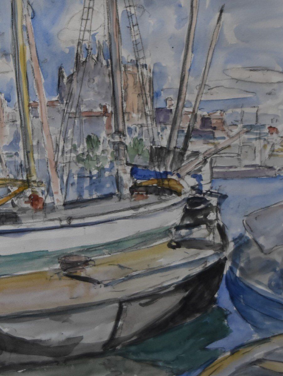 French School of the 20th Century, Sailboats in the Port of La Palma, Watercolour