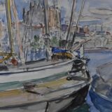 French School of the 20th Century, Sailboats in the Port of La Palma, Watercolour