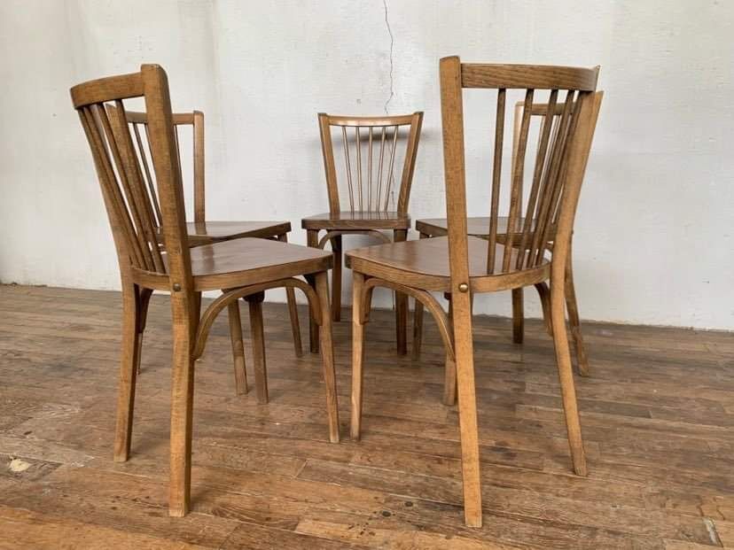 Series of 5 old baumann bistro chairs in curved wood