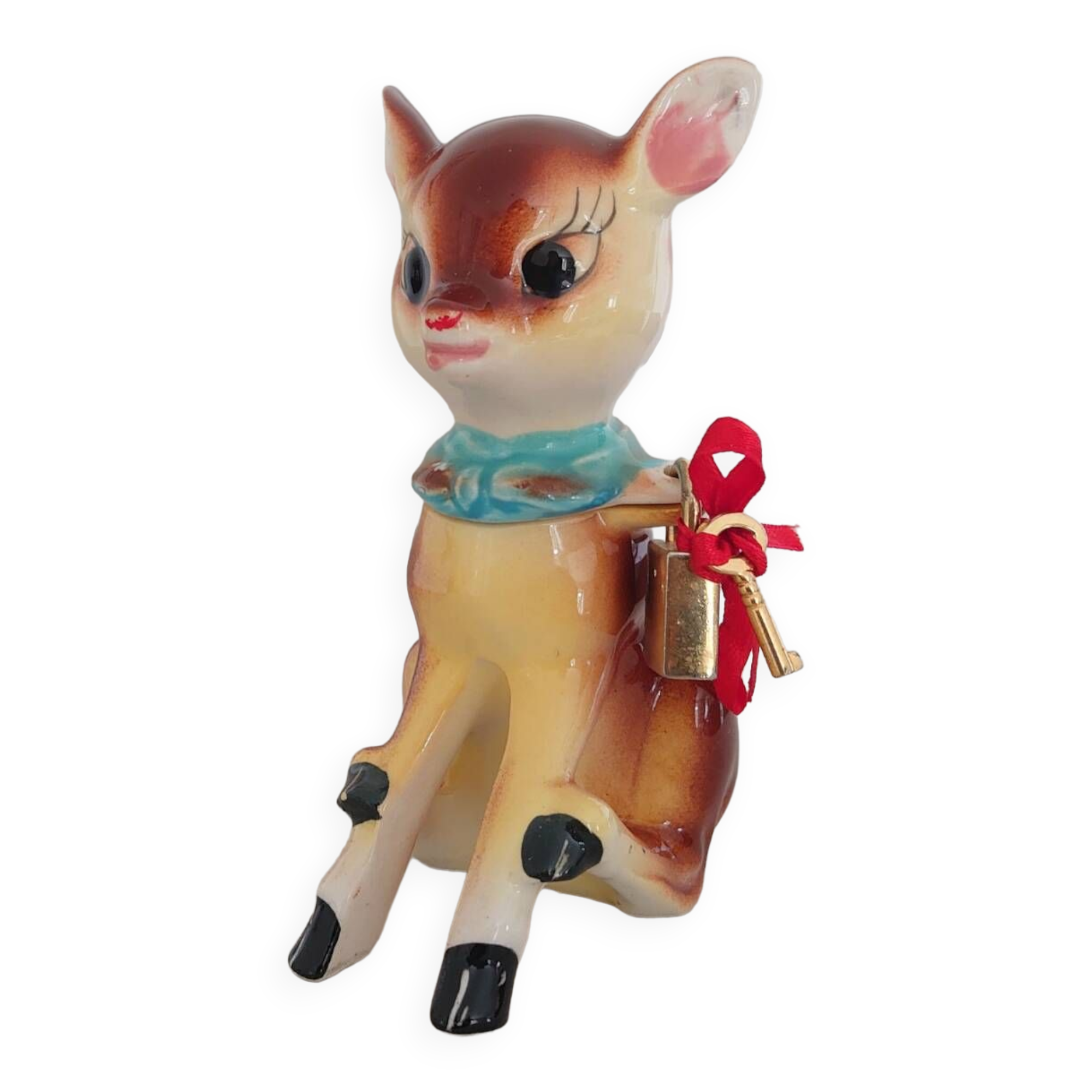Tirelire de cerf en céramique vintage avec serrure et clé