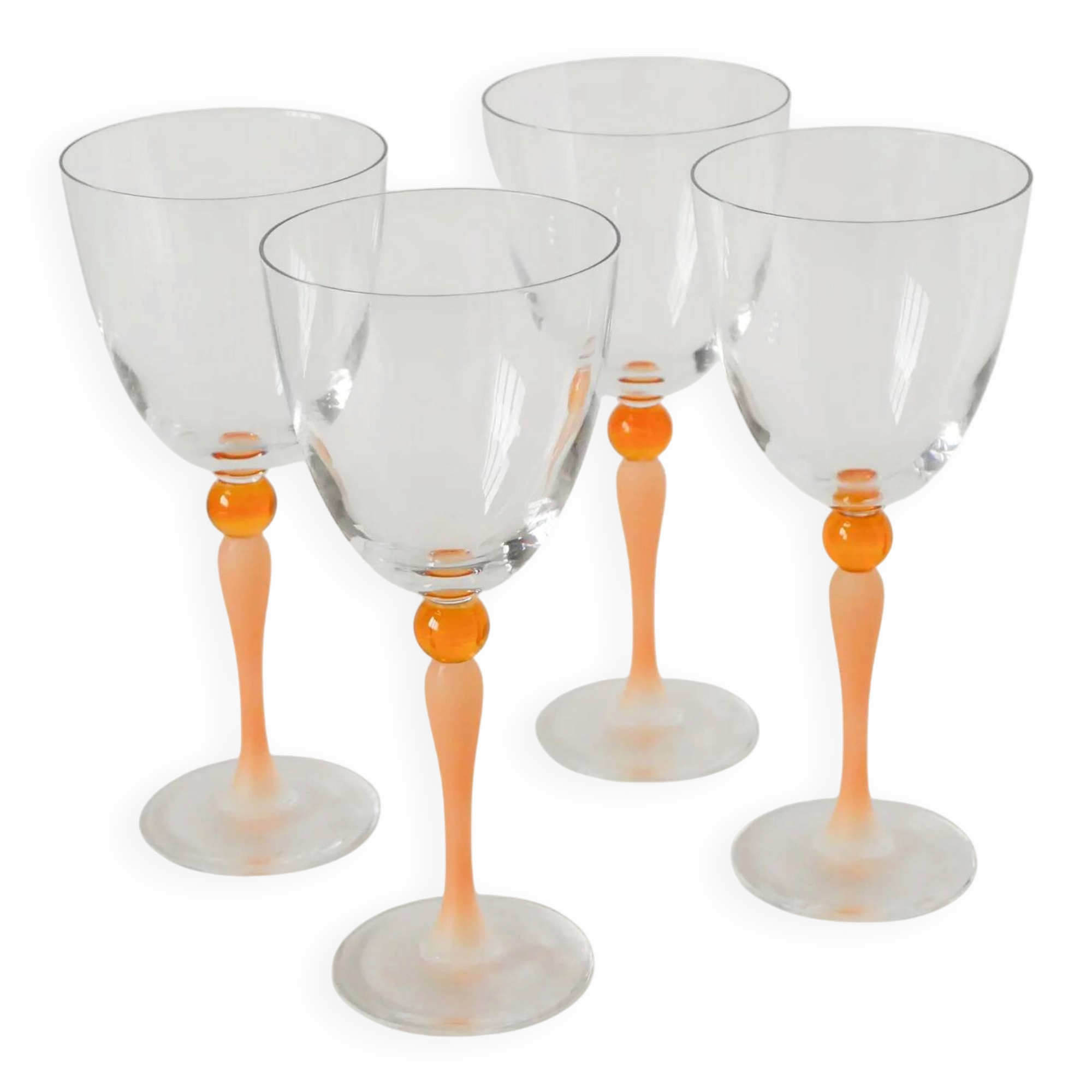 Set of 4 large wine glasses, orange, Art Nouveau, 1920.