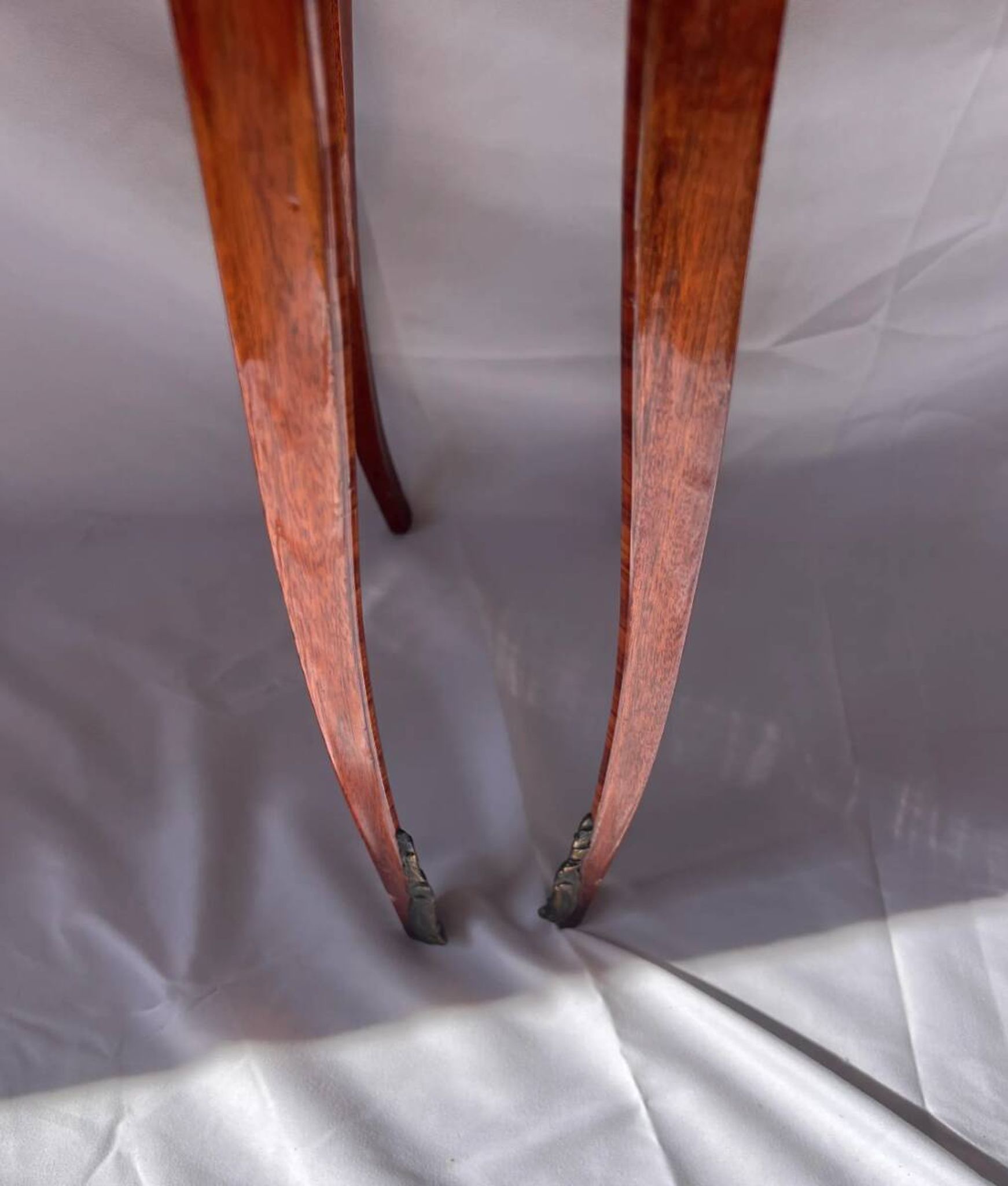 Pair of French rosewood bedside tables, marble top, inlaid beds.