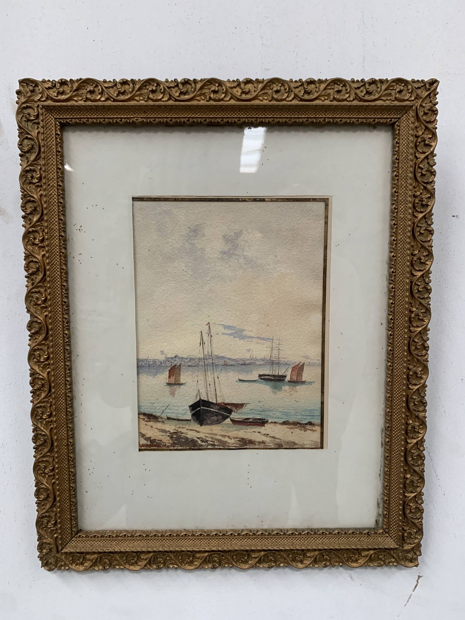 Marine watercolor "Sailboat at sea and stranded on the beach" 20th century