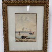 Marine watercolor "Sailboat at sea and stranded on the beach" 20th century