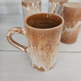 Set of 5 vintage handcrafted stoneware mugs in beige, pink, and white glazed stoneware