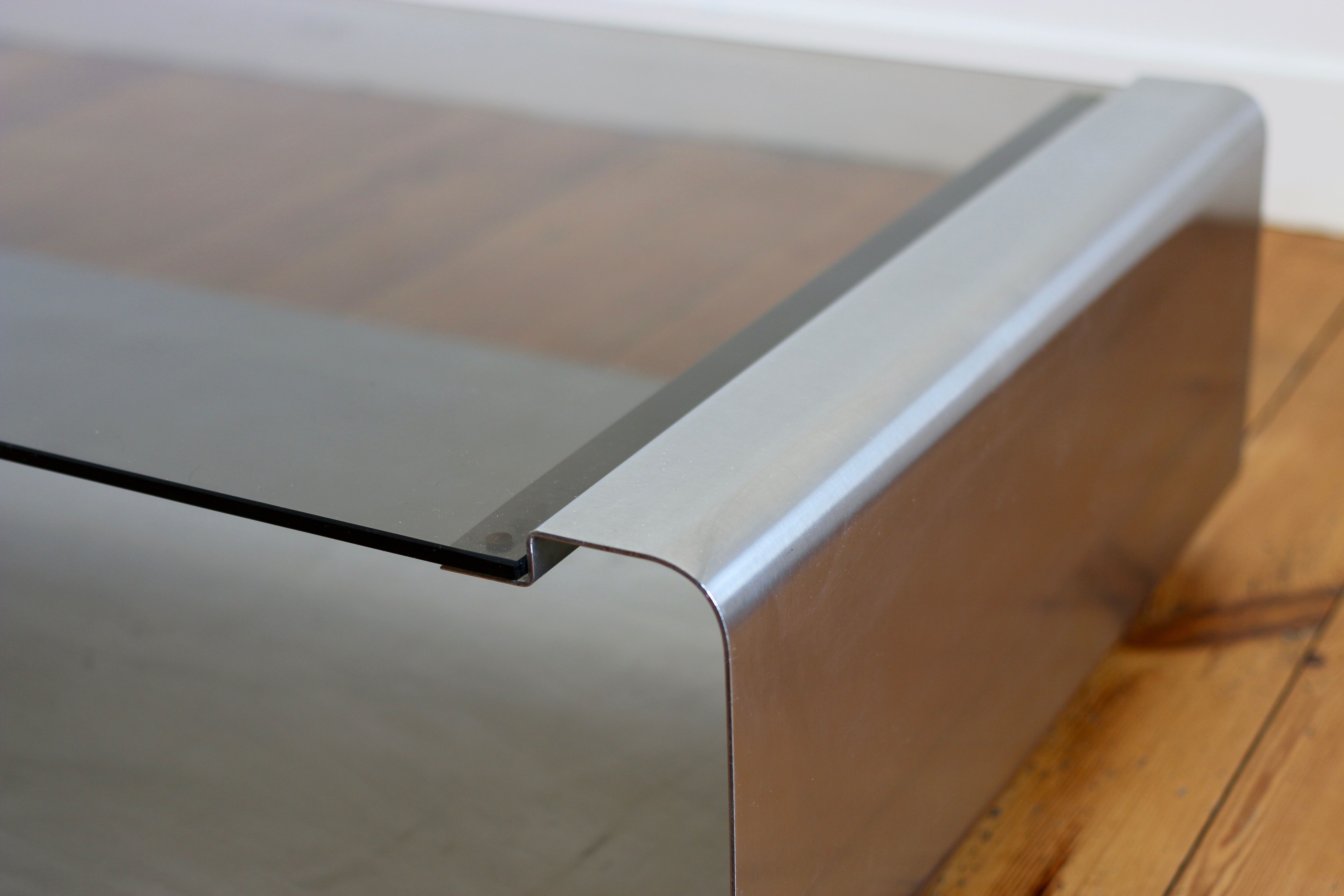 Table low vintage 1970s stainless and glass Jean-François Monnet