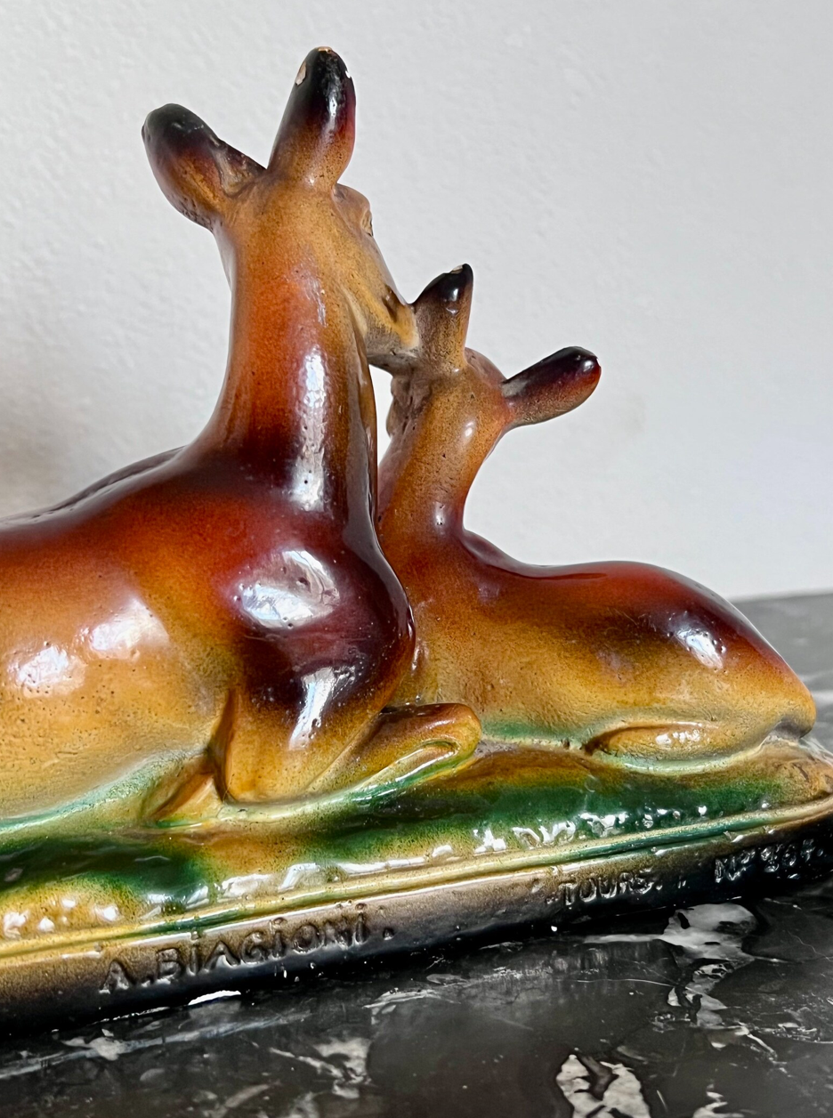 Vintage doe sculpture signed Angelo Biagoni - statue of doe and her fawn - plaster sculpture