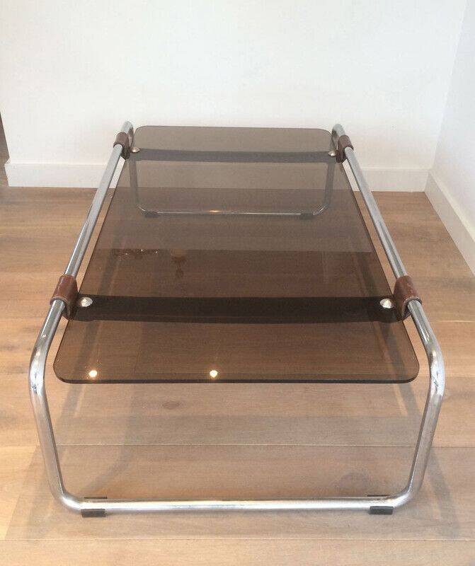 Coffee table in chrome, leather, and smoked glass