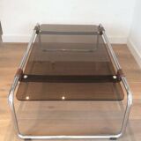 Coffee table in chrome, leather, and smoked glass