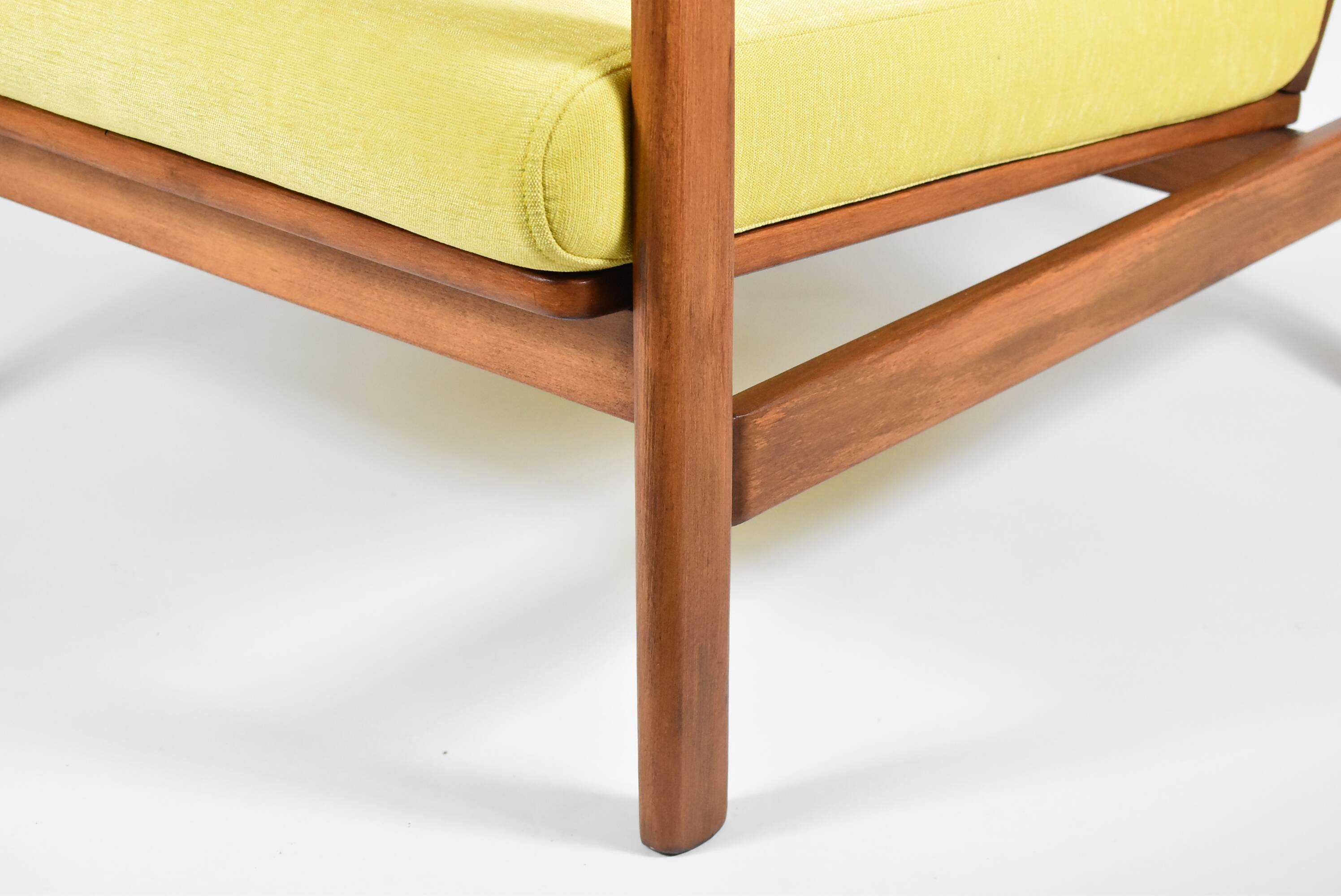 Scandinavian restored armchair, original 60s icon, yellow, teak