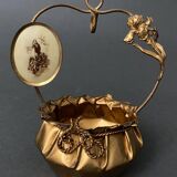 Golden metal basket Napoleon III 19th century foliage decoration religious medallion