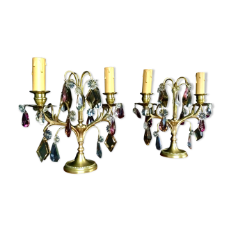 Pair of bronze and crystal girandoles