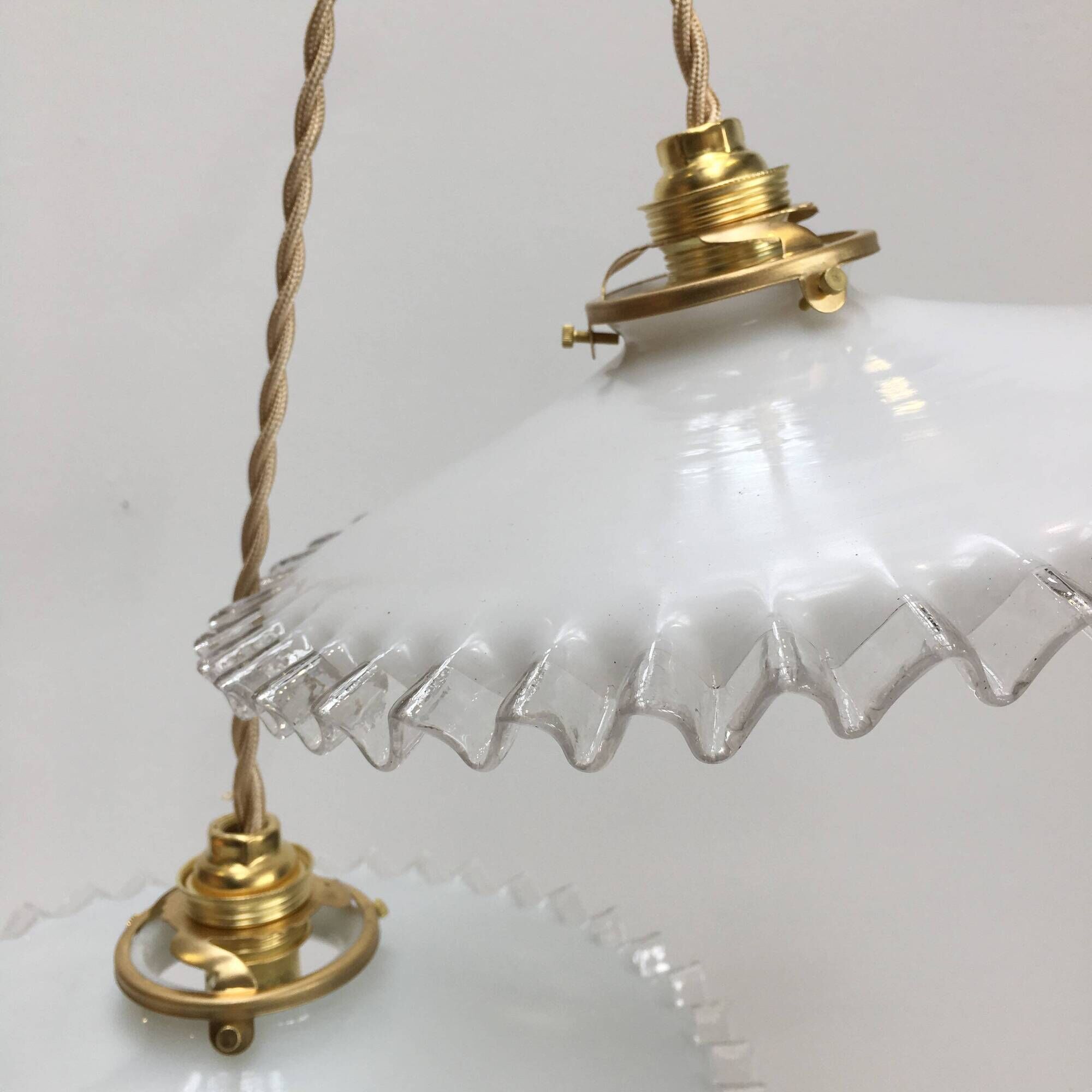 Pair of vintage white opaline pendant lamps with serrated edges